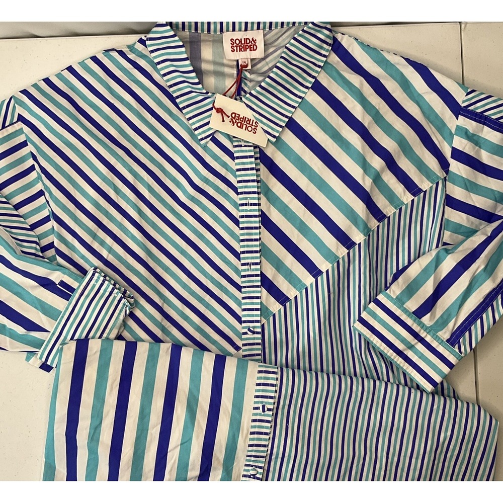 Solid And Striped Dress Blue The Emerson Mixed-Stripe Shirting Women Sz 2XL $218
